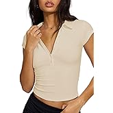 Volemo Women's Cropped Polo Shirts Collared Button Up V Neck Cap Sleeve Tight Fitted Basic Tees Summer Casual Work Tops