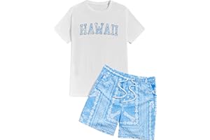 COZYEASE Men's 2 Piece Sets Casual Letter Graphic Tee Shirts and Print Drawstring Waist Shorts