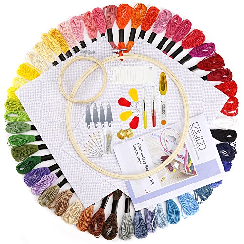 Caydo Embroidery Starter Kit with Operating Instructions for Adults and Kids, Including 2 Pieces Bamboo Embroidery Hoops, 50 Color Threads, 2 Pieces Aida and Cross Stitch Tool Kits