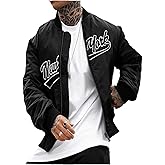 BEAUDRM Men's Letter Graphic Varsity Jacket Letterman Long Sleeve Bomber Zip Up Baseball Jackets Coats Streetwear