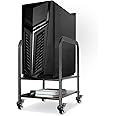 360Tonics Computer Tower Stand, 2-Tier Height Adjustable Computer ATX-case CPU Holder Cart with Wheels, Mobile PC Floor Stand Under Desk with Locking Caster for Office Home, Black Metal