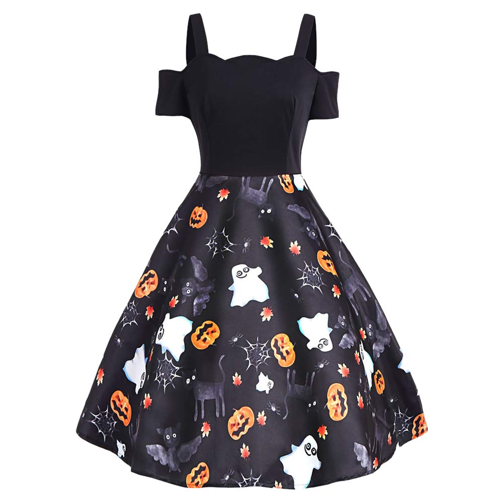 KENANCY Women Vintage Halloween Dress Cold Shoulder Short Sleeve