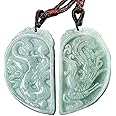 Green Genuine Emerald Jade Jadeite Carved Dragon Phoenix Double Couples Necklace Amulet Pendant for Lovers Women Men(Certificate,Set of 2)