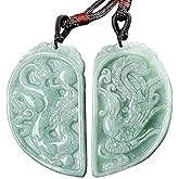 Green Jade Jadeite Carved Dragon Phoenix Double Couples Necklace Amulet Pendant for Lovers Women Men(Certificate,Set of 2)