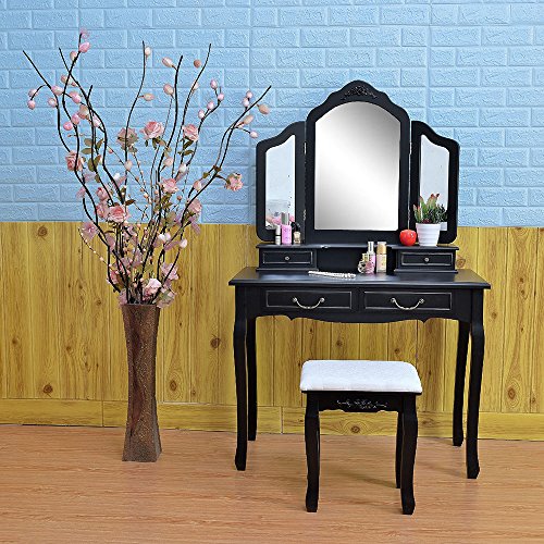 Azadx Makeup Table Set ,Tri-folding Mirror Vanity Table Set Dressing Table Organizers with Cushioned Stool Bedroom (Black-4 Drawer)