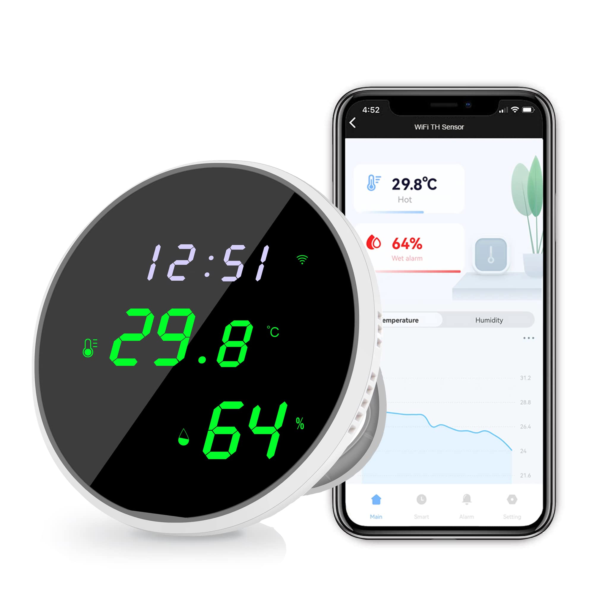 WiFi Thermometer Hygrometer Monitor: Smart Humidity Temperature Sensor with LED Backlight Display, App Notification Alert, Data Storage Export, Temperature Humidity Gauge Compatible with Alexa