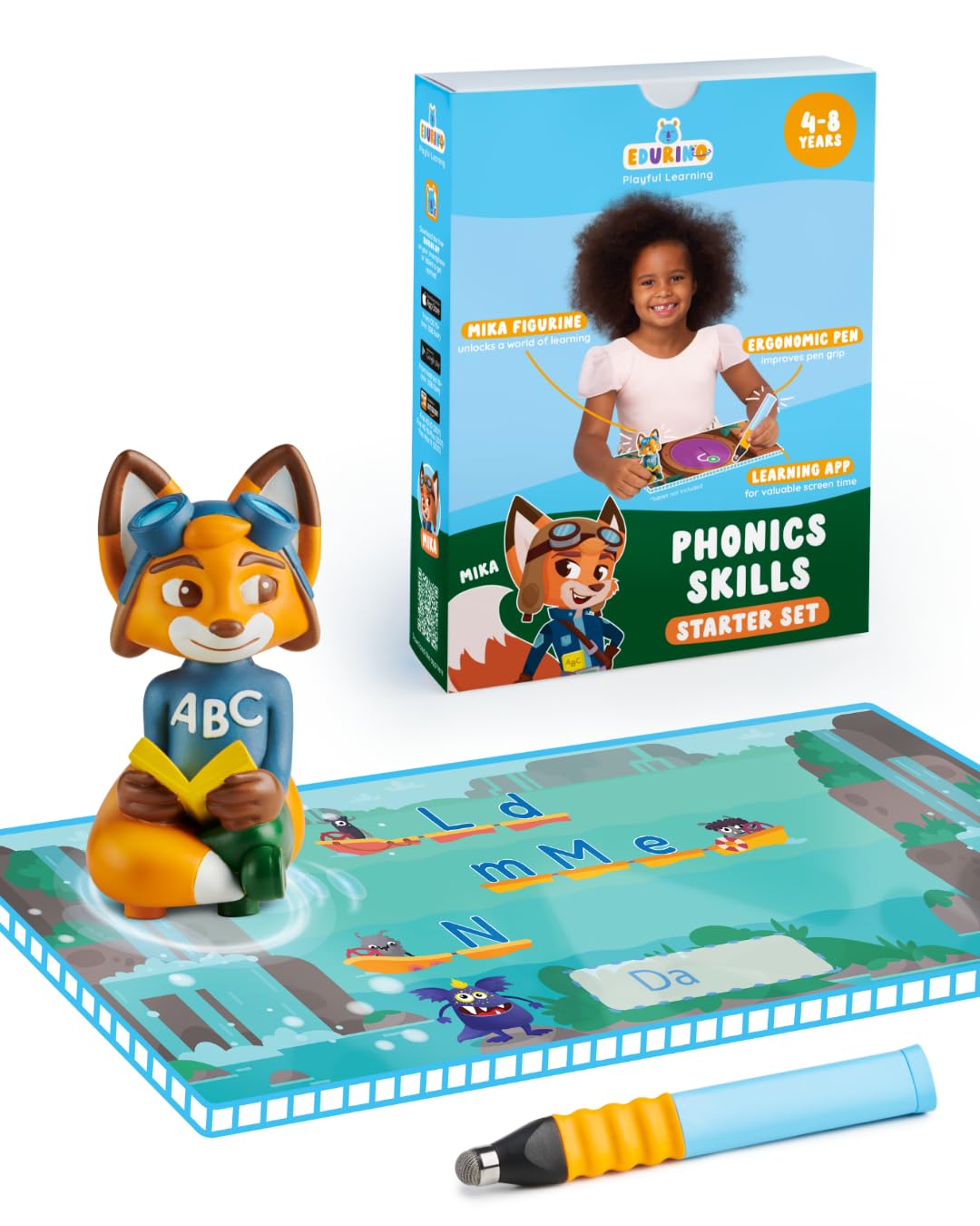 Edurino Mika Starter Set - Phonic Skills, Recognising & Writing Letters Correctly, Identifying Letter Sounds for Kids 4+, incl. 1 x Mika Figurine, Ergonomic Pen and App Access, Handwriting Practice