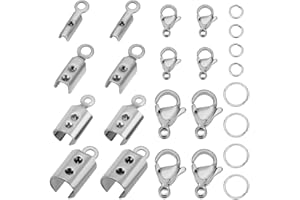 PH PandaHall Jewelry Making Kit, 200 pcs 304 Stainless Steel Fold Over Crimp Cord Ends 200 pcs Jump Rings 50 pcs Lobster Claw Clasps for Earring Bracelet Necklace Jewelry DIY Craft Making, 450 Pcs/Set