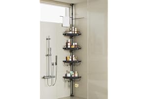 XLHOMO 32-122inch Corner Shower Caddy Tension Pole Black, Rustproof Drill-Free Shower Shelves for Bathroom Bathtub Washbasin, Adjustable Shower Organizer with 4 Tier Patent Stable Shelves & Towel Bars