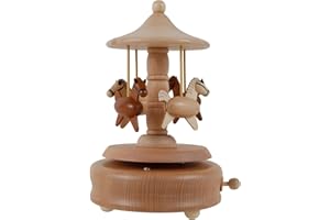 PTMTFYL Carousel Music Box, Wooden Horse Musical Box, Vintage Beech Wood Rotating Carousel with Cute Carved Horses for Christ