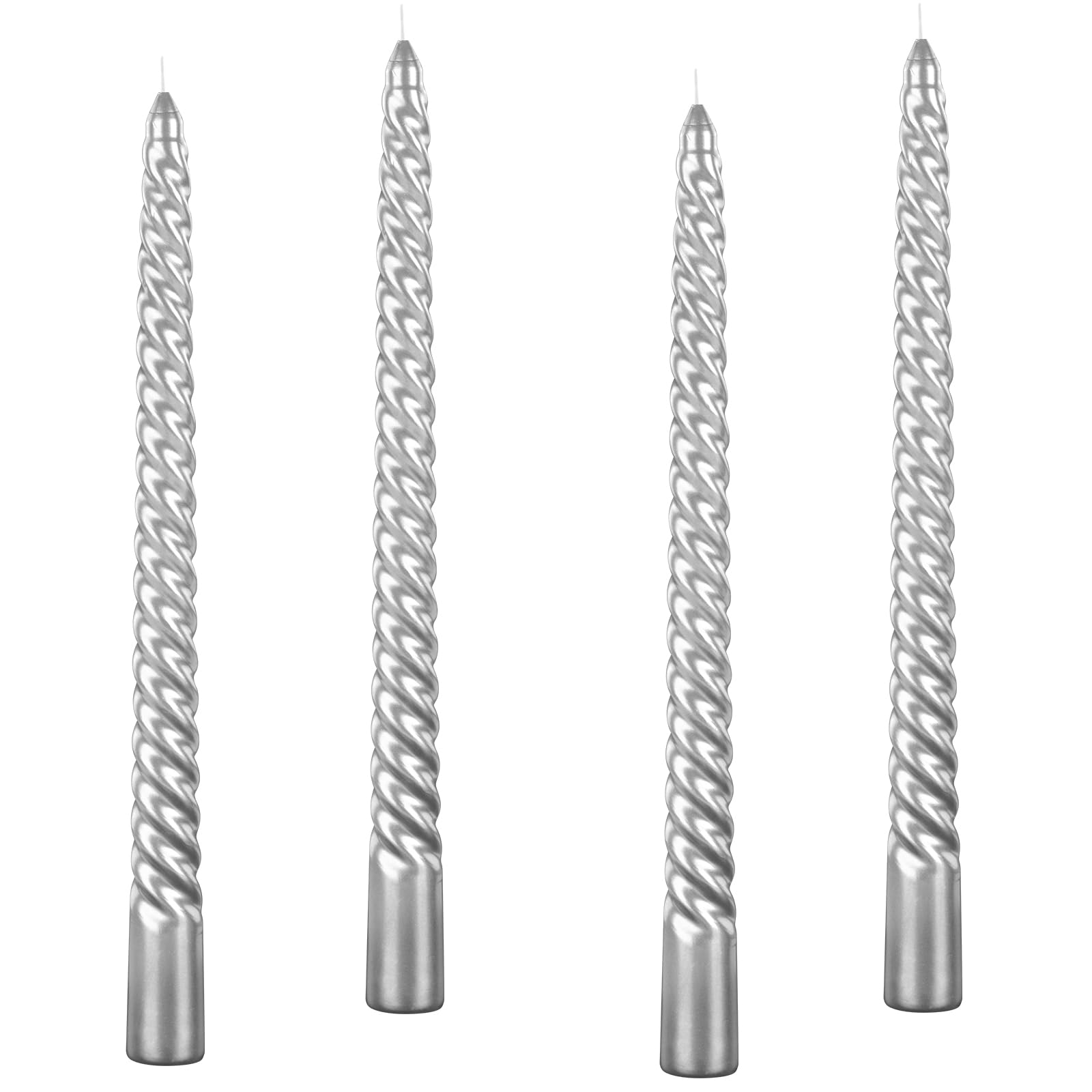 Kemladio 4 Pieces Tall Metallic Taper Spiral Taper Candle - 10 Inch Silver, Dripless, Unscented Dinner Candle 4pack