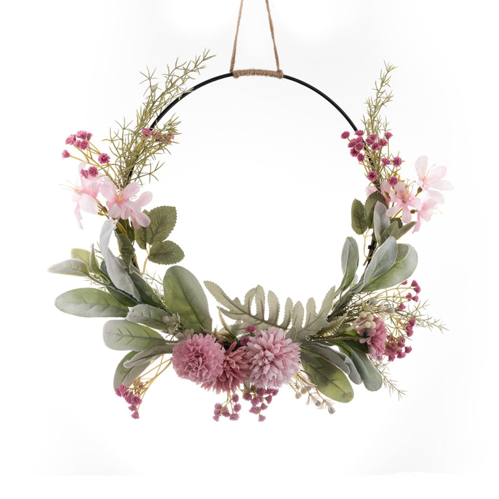 16 Inch Artificial Door Wreath Artificial Flower Wreath Fake Pompom Garland with Green Leaves Spring Summer Faux Floral Wreath for Front Door Wall Hanging Window Garden Wedding Festival Decoration