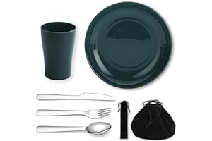 Evanda Camping Mess Kits, Reusable Light Weight Mug, Plate and Stainless Steel Cutlery Set with Black Bag, Dishwasher Safe