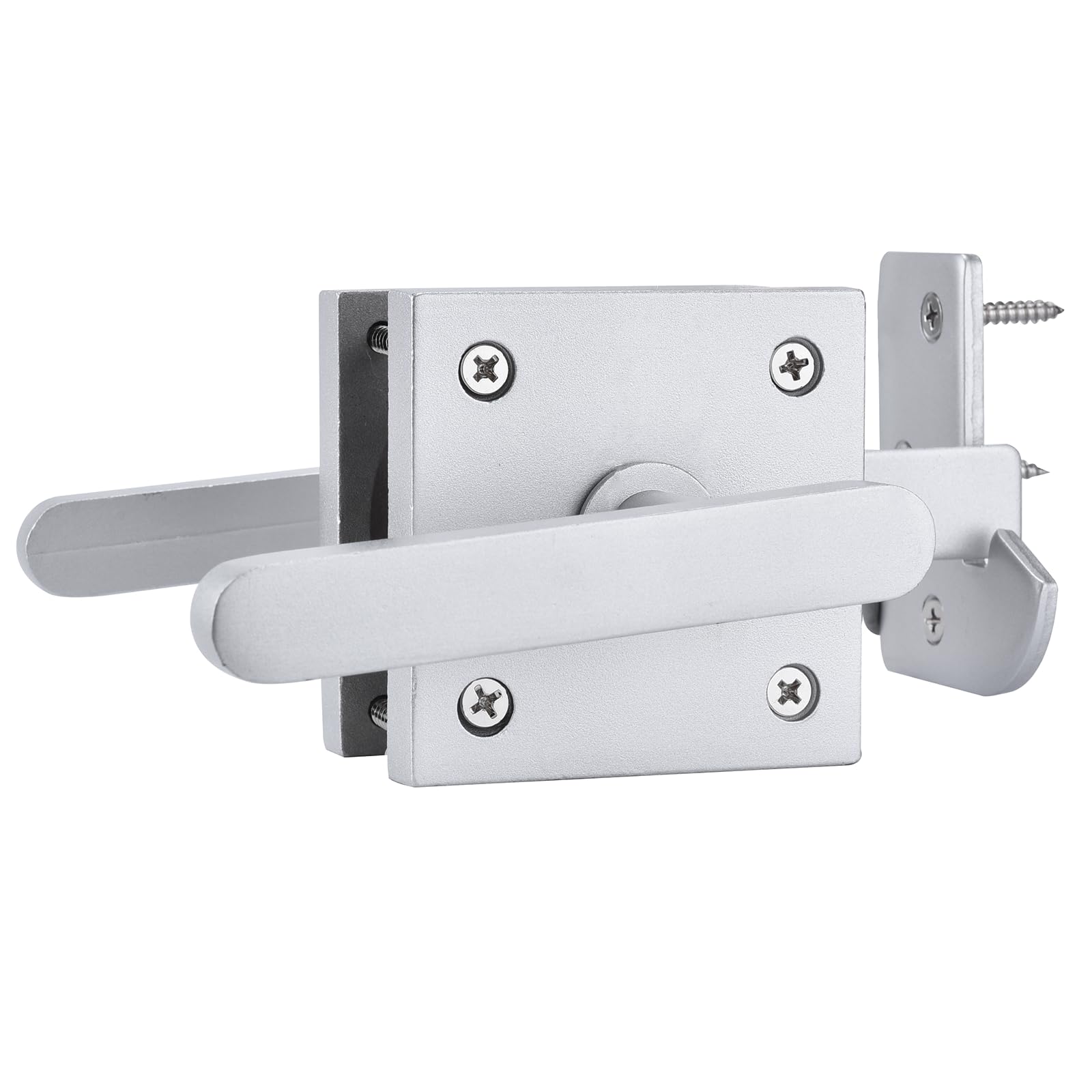 Photo 1 of JIAHOO Double Side Gate Latch, Aluminum Self-Locking Gate Latch for Swing Door, Heavy Duty Double Way Gate Hardware for Outdoor Wooden Fence, Gates, Tool Shed - Silver