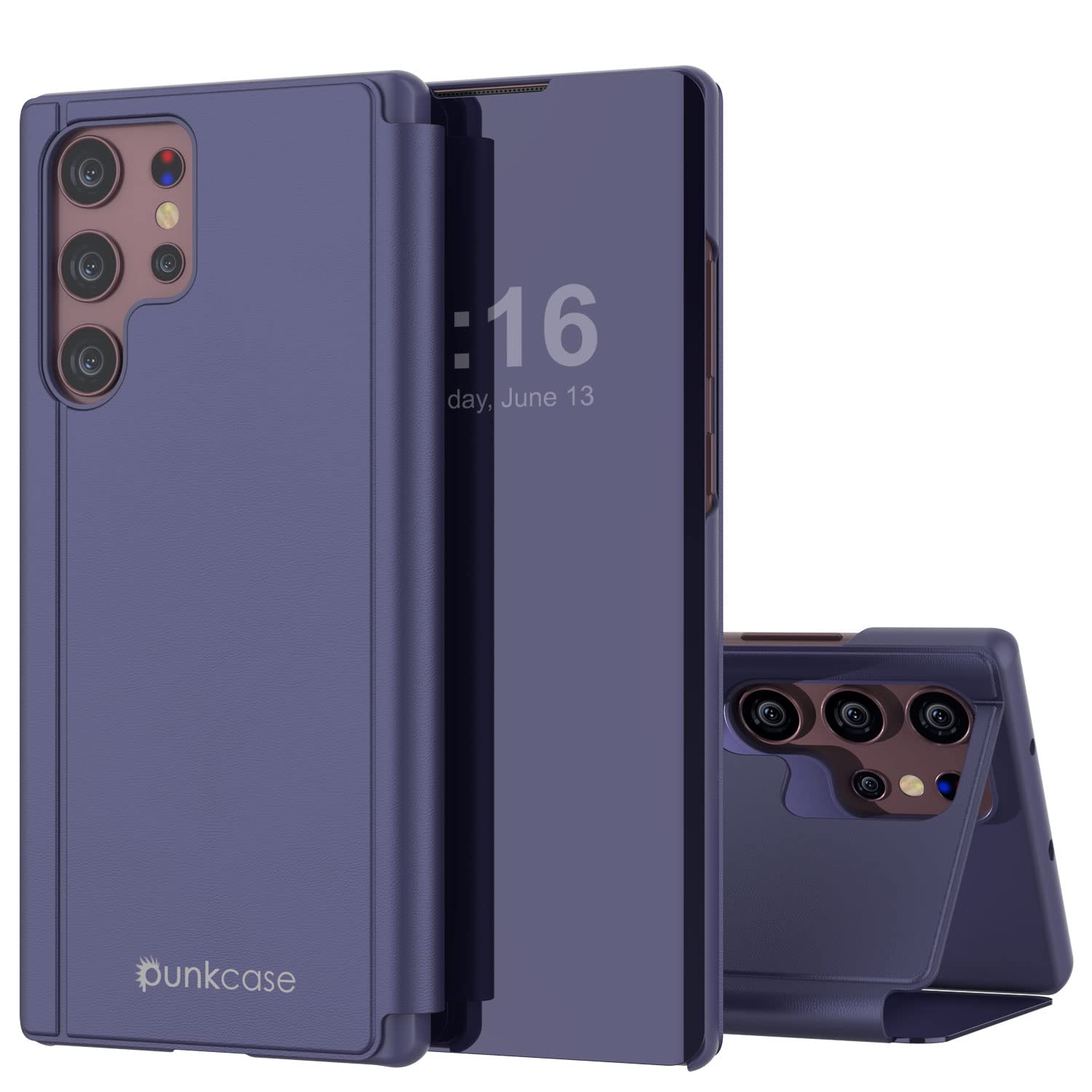 Punkcase S22 Ultra Reflector Case Protective Flip Cover W/Scratch Resistant Translucent Mirror Front & Non-Slip PU Leather Back Integrated Kickstand for Galaxy S22 Ultra 5G (6.8") (2022) (Purple)