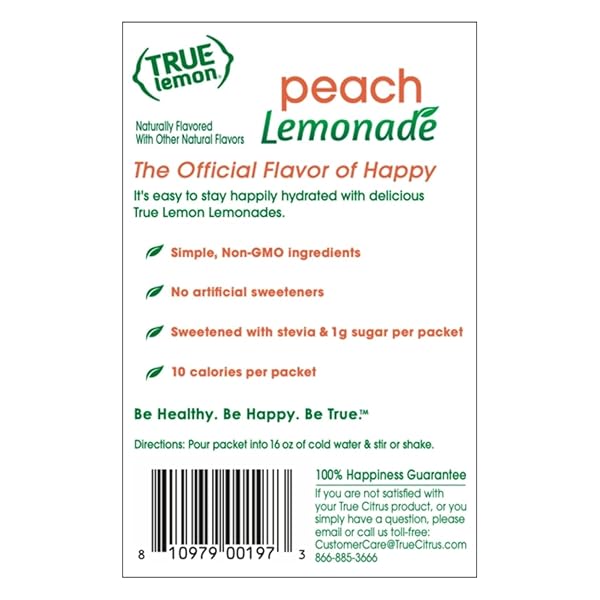 TRUE LEMON PEACH LEMONADE 10CT (PACK OF 1) – DRINK MIX – NO ARTIFICIAL SWEETENERS, LOW CALORIE – POWDERED DRINK MIXES & FLAVORS – WATER FLAVOR PACKETS & WATER ENHANCER WITH STEVIA