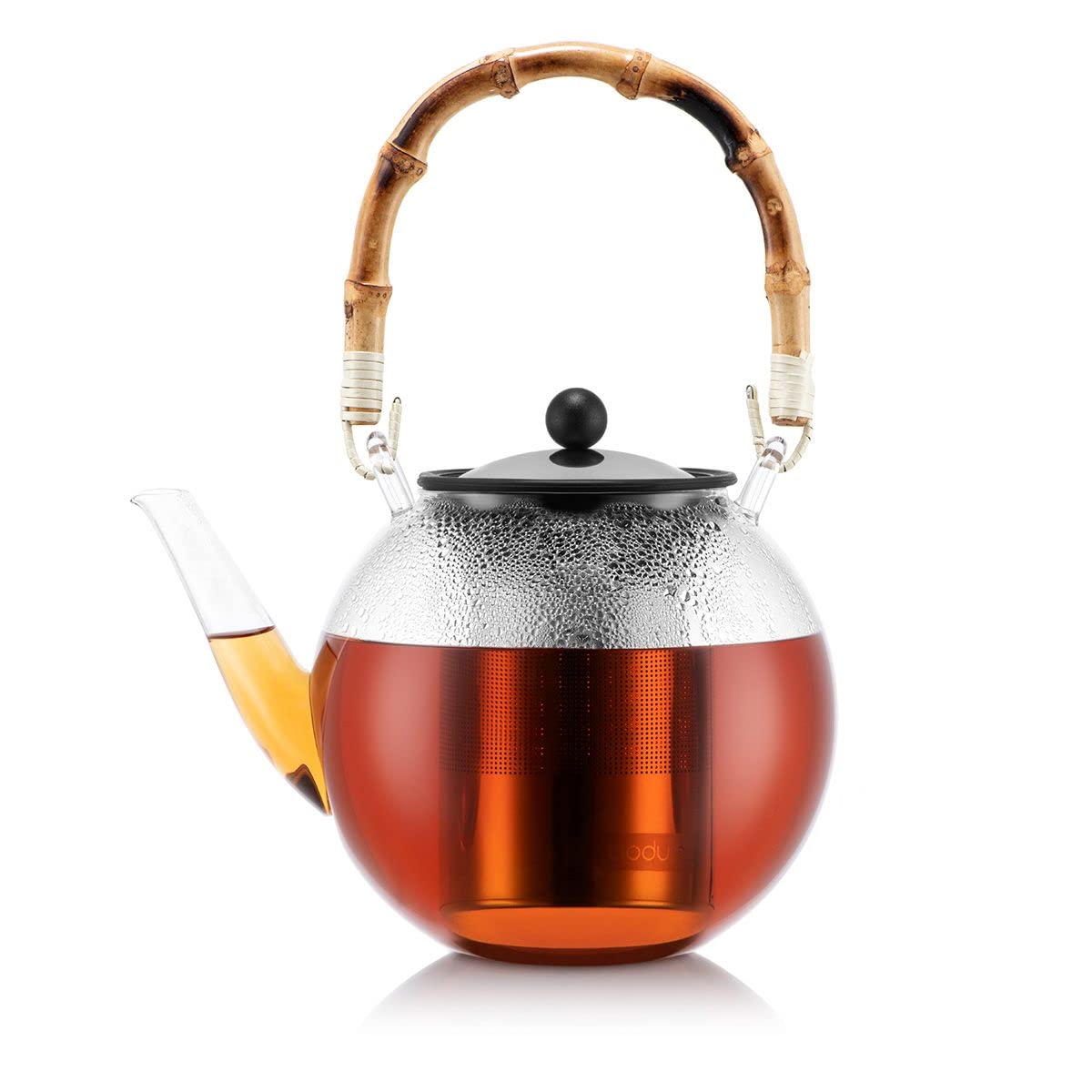 Bodum Piston Teapot, Stainless Steel Filter, Natural Bamboo Handle, Transparent, Glass 1.5 L