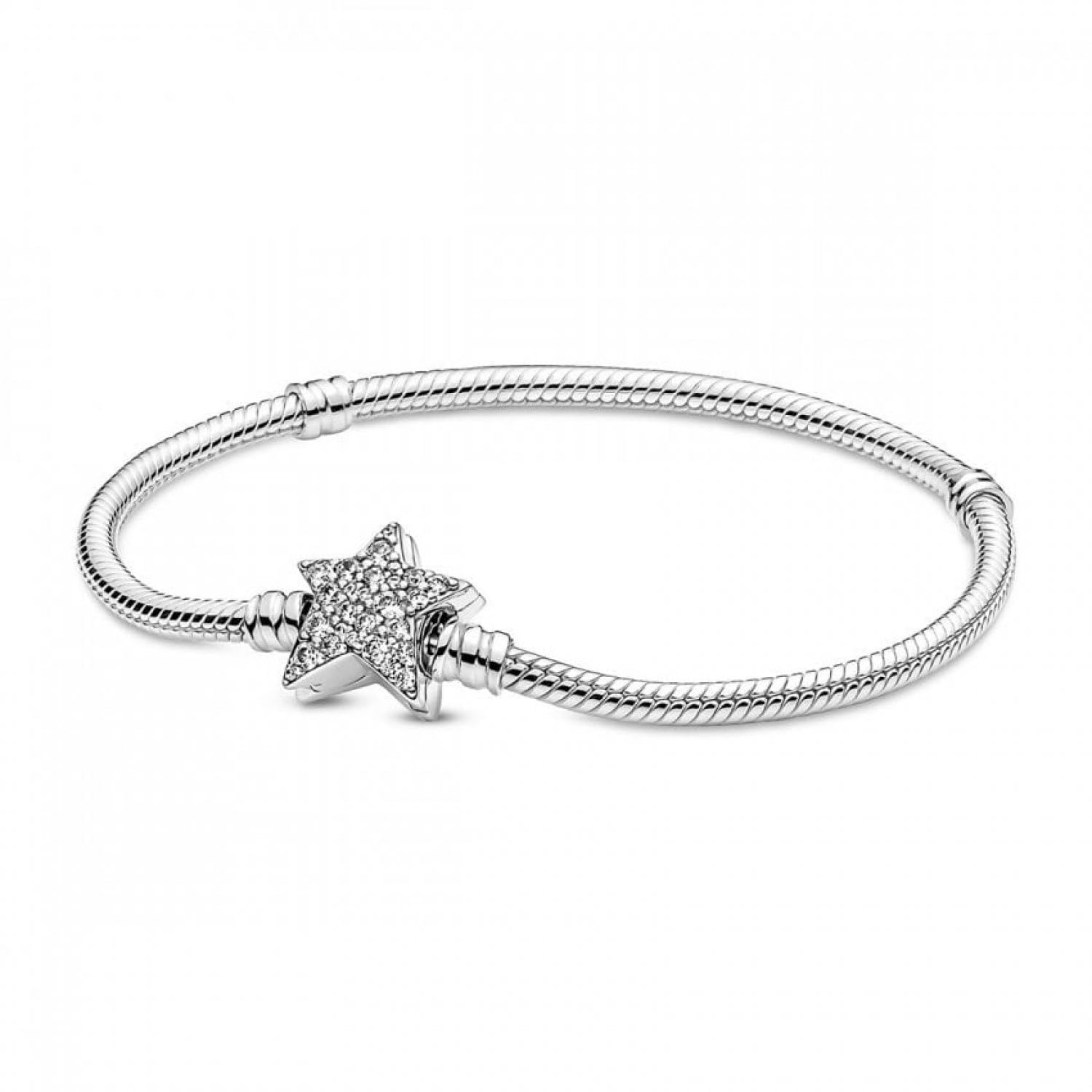 Pandora Moments Snake chain sterling silver bracelet with asymettric star clasp and clear cubic zirconia, 17