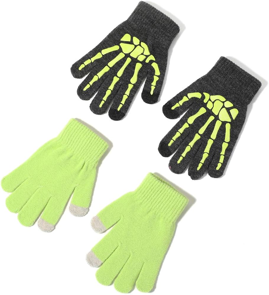accsa 2 Pairs Toddler Kids Boy Girl Gloves Glow Dark Skeleton Print Touchscreen Magic Gloves Green: Clothing