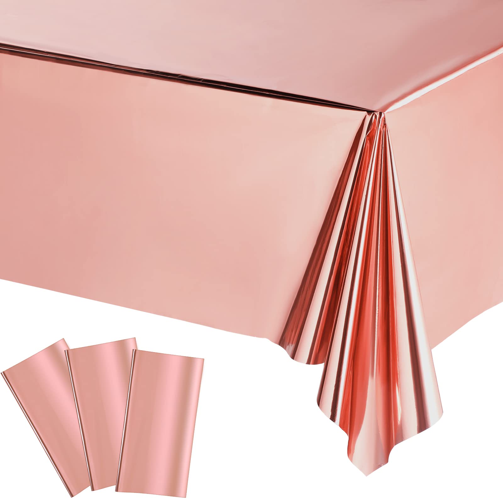 Tatuo 3 Pieces Foil Party Rectangular Table Covers Table Cloth 54 x 108 Inch Shiny Plastic Waterproof Tablecloth Party Desk Cover for Wedding Anniversary Engagement (Rose Gold)