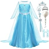 Luzlen Elsa Dress for Girls Toddler Snow Princess Costume Blue with Wig Halloween Birthday Party Dress Up Outfits