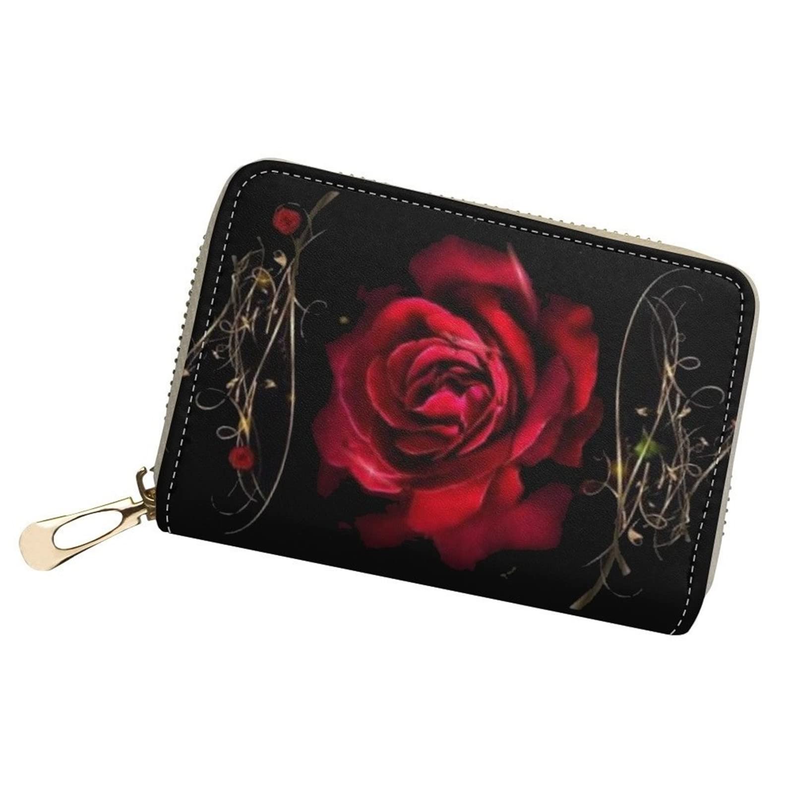 Poceacles Red Rose Print Mini Leather Zipper Car Case Holder for Women, 20 Card Slots Lightweight Waller Card Organizer for ID Card Business Card