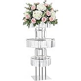 Large Crystal Vase for Centerpiece - Wedding Decor Flower Stand, Silver Metal Chandelier Stand with Crystal Pendants, Elegant