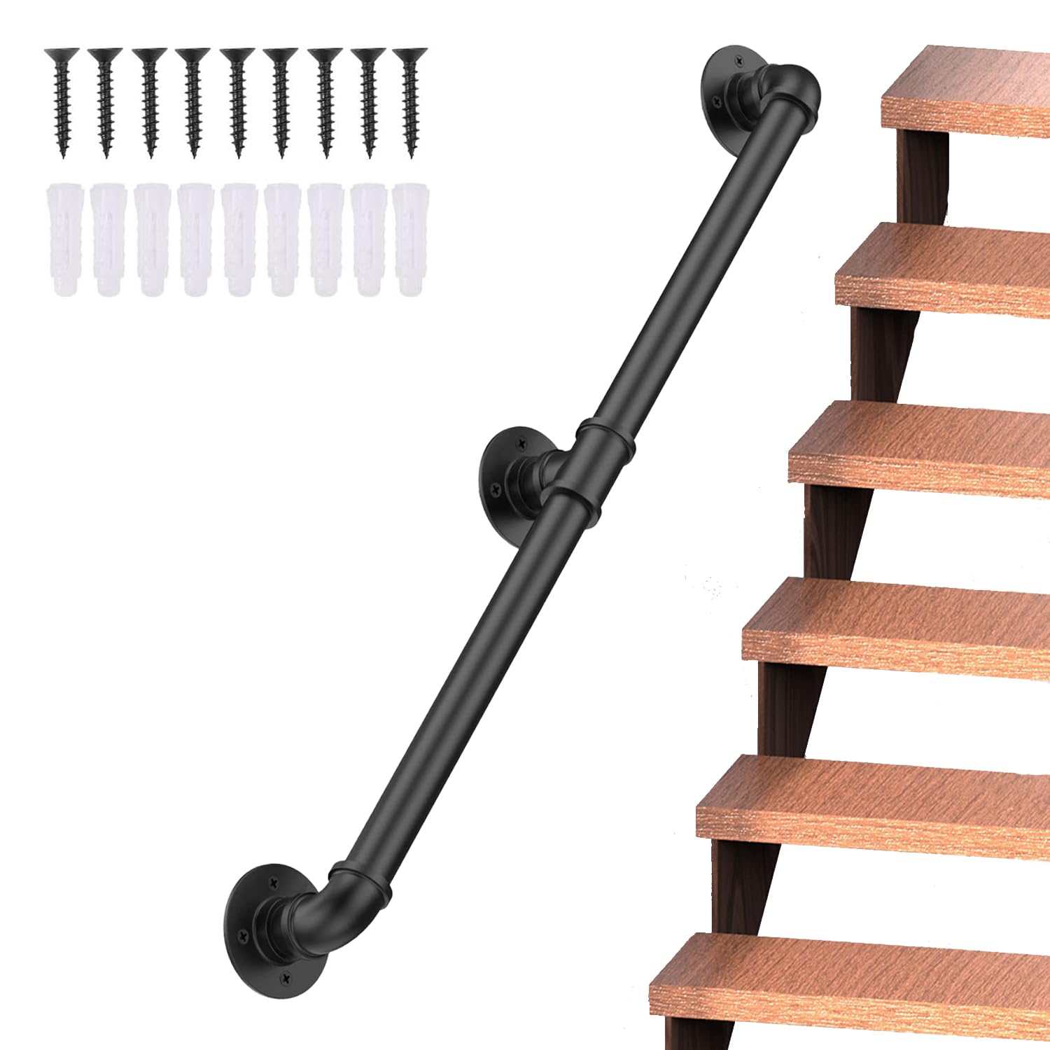 Black Bannister Rail for Stairs - 2M/6.6FT Handrail Kit with Fittings & Exterior Brackets