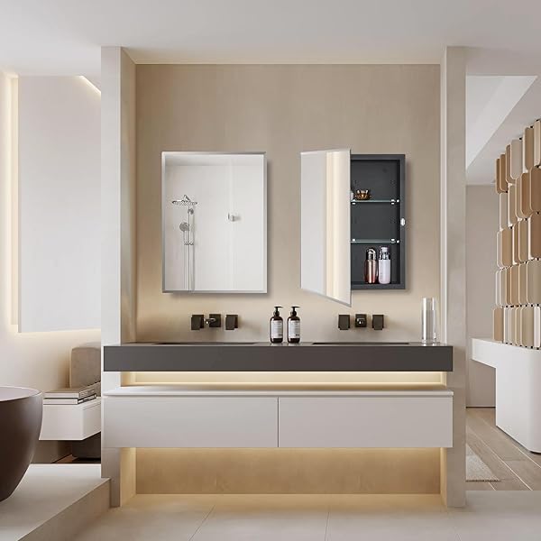 IDYLLOR BLACK BATHROOM MEDICINE CABINET WITH BEVELED EDGE MIRRORED DOOR 14 X 18 INCH, RECESSED OR SURFACE MOUNT, WITH ADJUSTABLE GLASS SHELVES