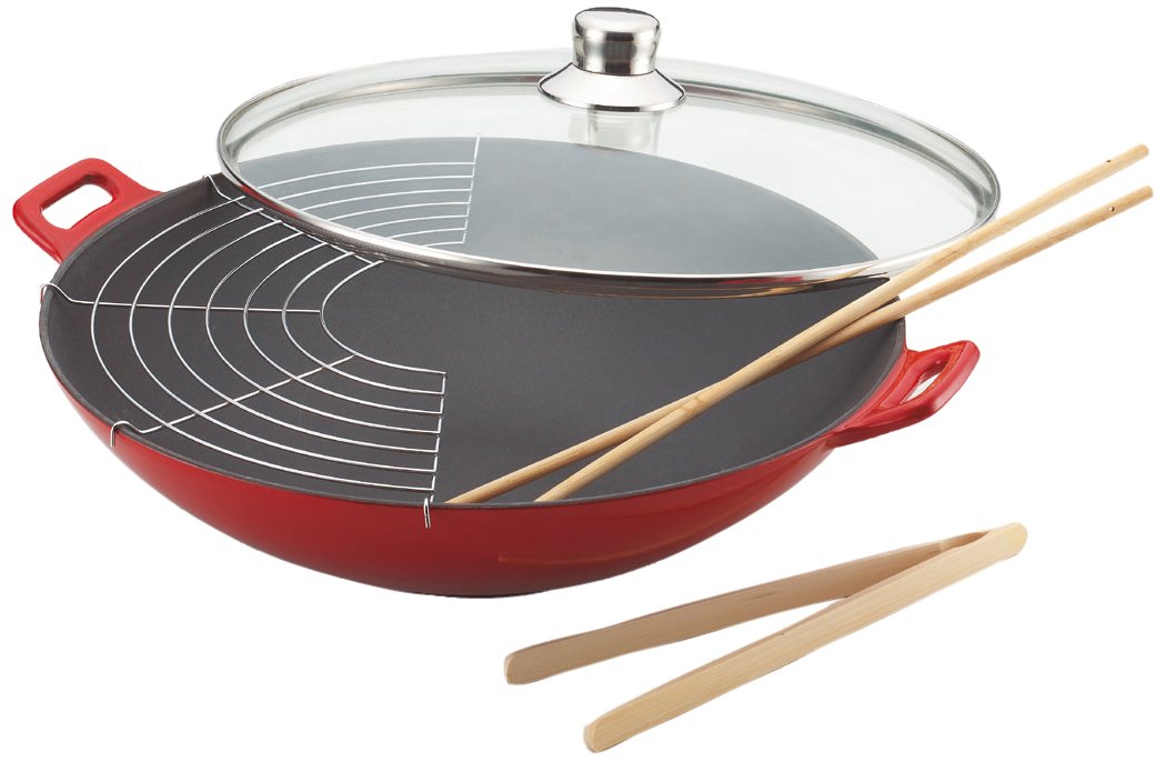Baumalu - 382872 - Cast iron WOK 36 cm with glass lid 4 pieces red color