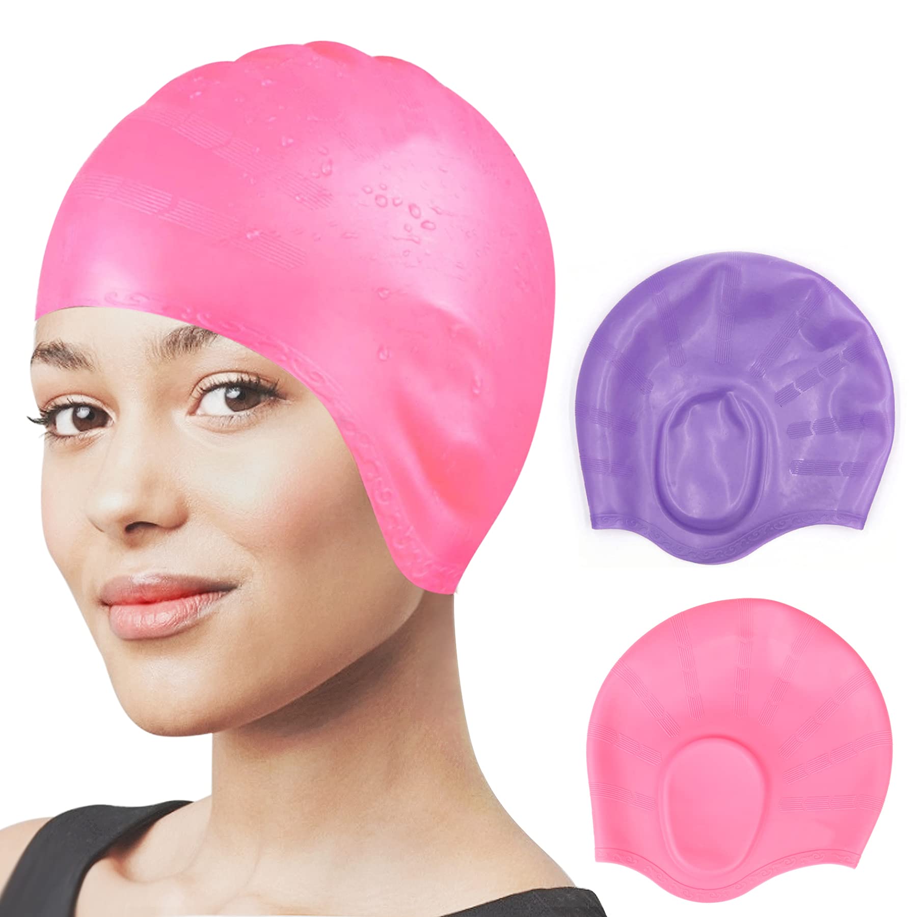 Silicone Swimming Caps for Adults 3D Ear Protection (2 Pack),Waterproof Swimming Hat, Keep Dry for Long & Short Hair, Unisex Swimming Caps for Adults, Kids and Junior