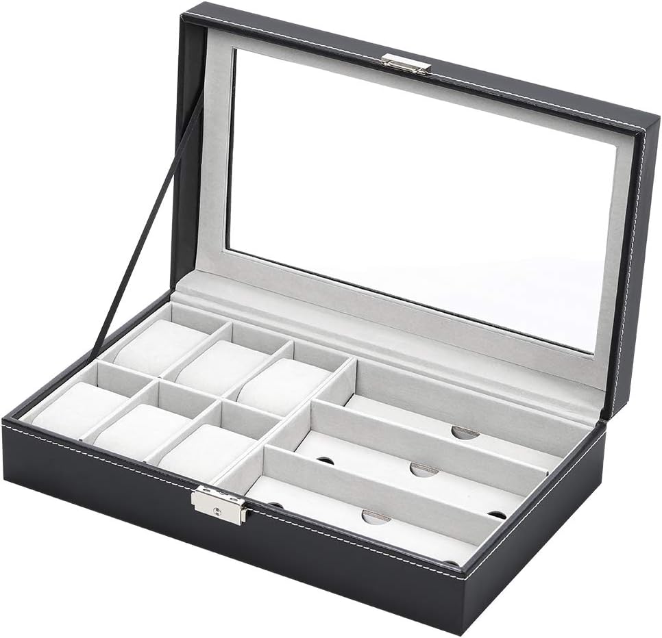 NEX Wach Case,6 Slot Watch and 3 Piece Eyeglasses Plus Locker Box Organizer, Display Case Organizer,Elegant Watch Case Organizer Storage,Jewelry Storage Colleciton Box