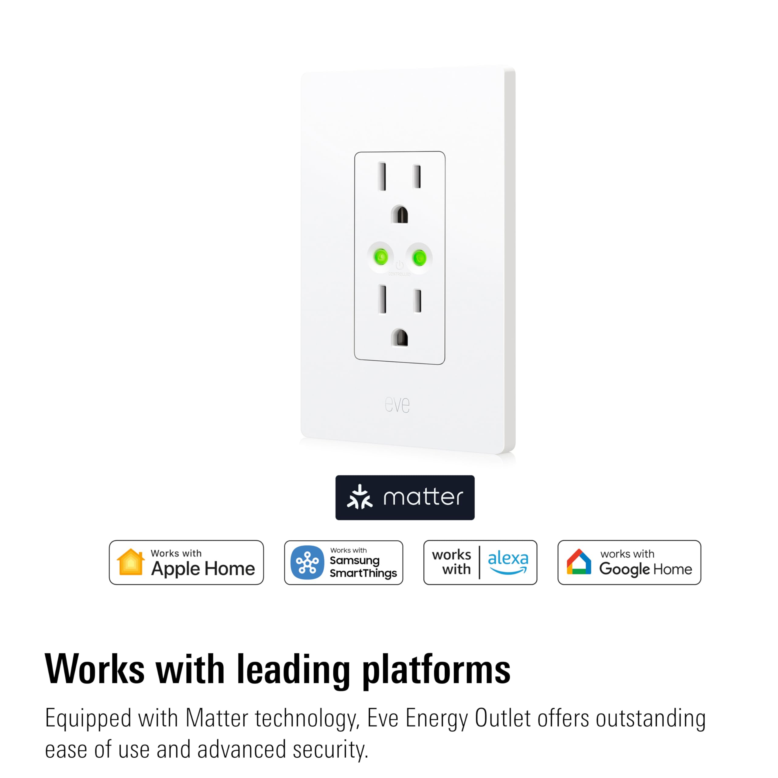 Eve Energy Outlet (Matter) – Smart Outlet & Power Meter, App & Voice Control, No Bridge, Thread, Works with Apple Home, Alexa, Google Home, SmartThings, 100% Privacy, Requires Thread Border Router