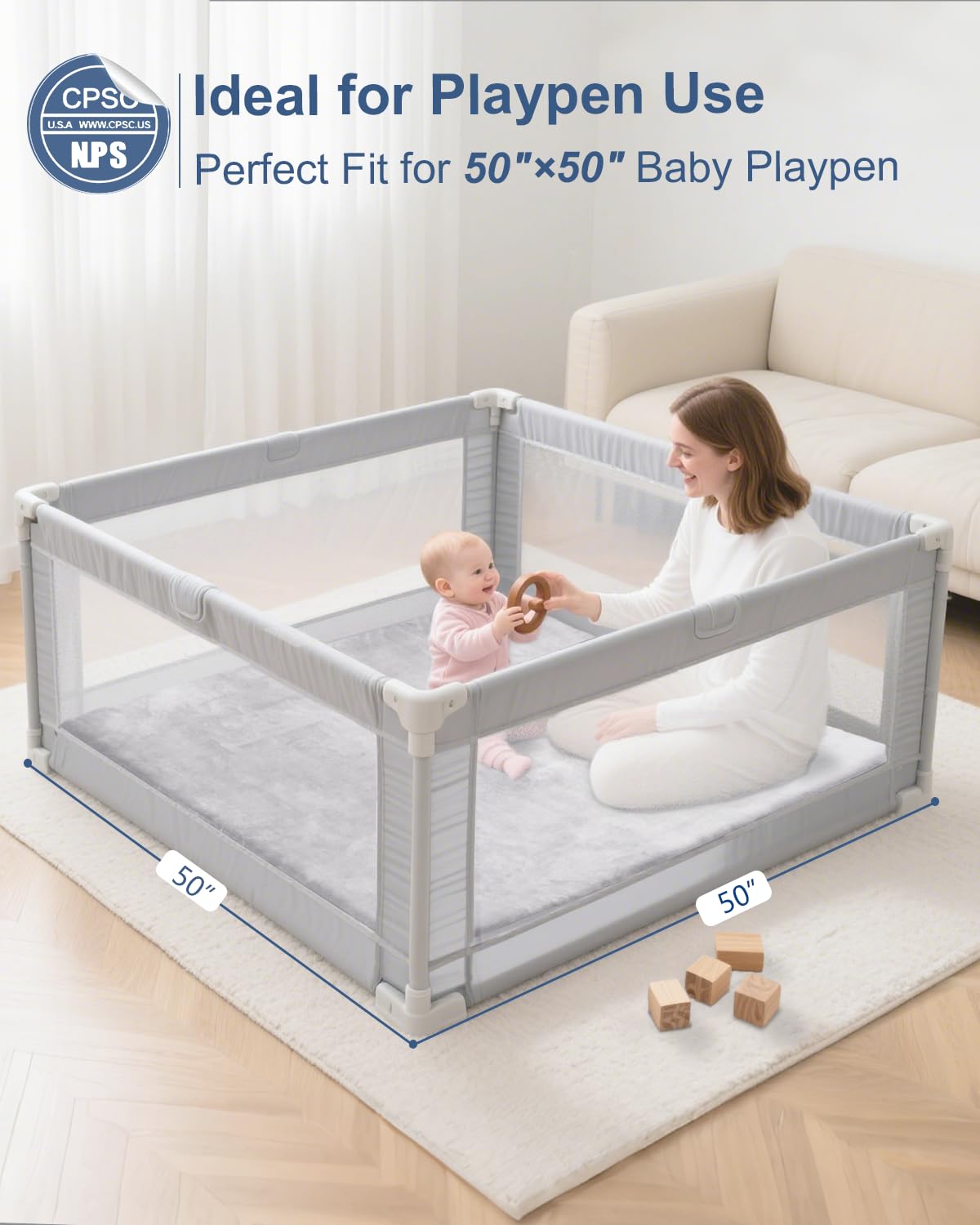 SEPARO Thick Baby Play Mat for Floor,50 x 50 Playpen Mat,Tummy Time Foam Mats,Ultra Soft Support & Plush Feel,Easy Care with Non-Slip Cushioned for Infant,Kids and Toddler Crawling,Grey