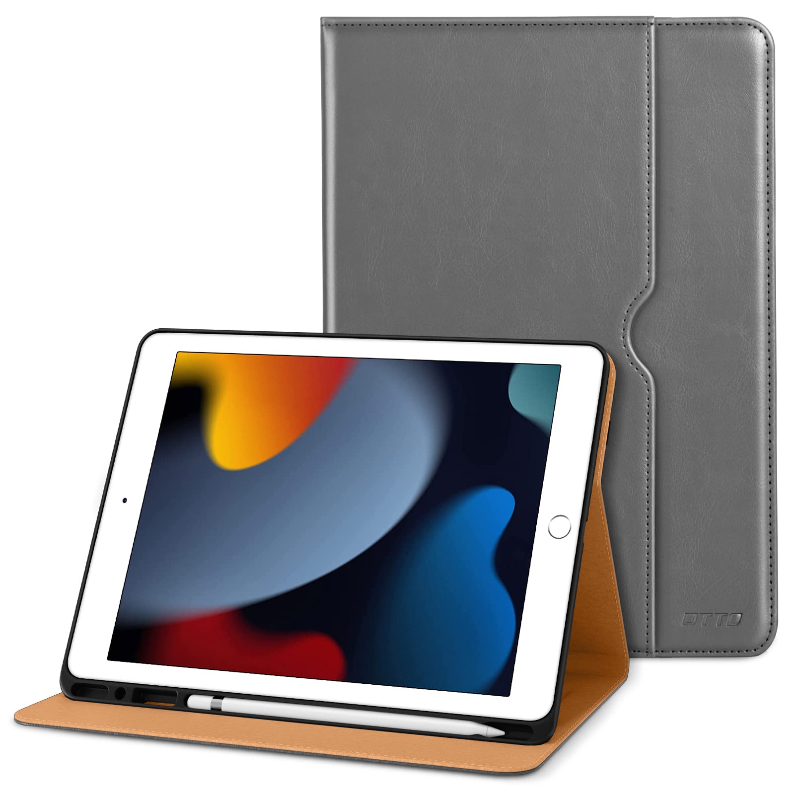 DTTO for iPad 9th/8th/7th Generation 10.2 Inch Case 2021/2020/2019, Premium Leather Business Folio Stand Cover with Apple Pencil Holder - Auto Wake/Sleep and Multiple Viewing Angles, Grey
