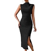 MITILLY Women Summer Formal Wedding Guest Dress Elegant High Neck Sleeveless Ruched Bodycon Midi Dress with Side Slit