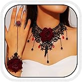 Banatra Black Lace Choker Necklace Set Rose Flower Necklace Bracelet Ring Set Vintage Hallow Necklace Jewelry for Women
