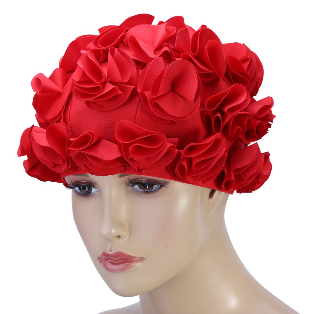 Women Swimming Floral Petal Retro Style Bathing Hat Long Hair Flower (Color : Red)