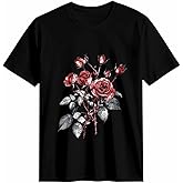 Graphic T Shirts for Women, Red Rose Vintage Cotton Girls Tees Short Sleeve Crewneck Summer Gym Casual Tops