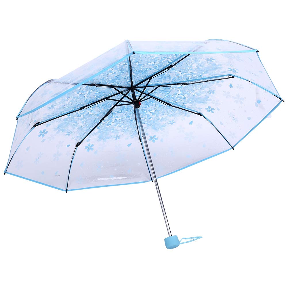 DOACT Clear Girls Umbrella Transparent Folding Umbrella Fashionable Princess Umbrella Cherry Four Colors Hipsterkid Umbrella for Kids, Girls, Boys, Toddlers (Light Blue)