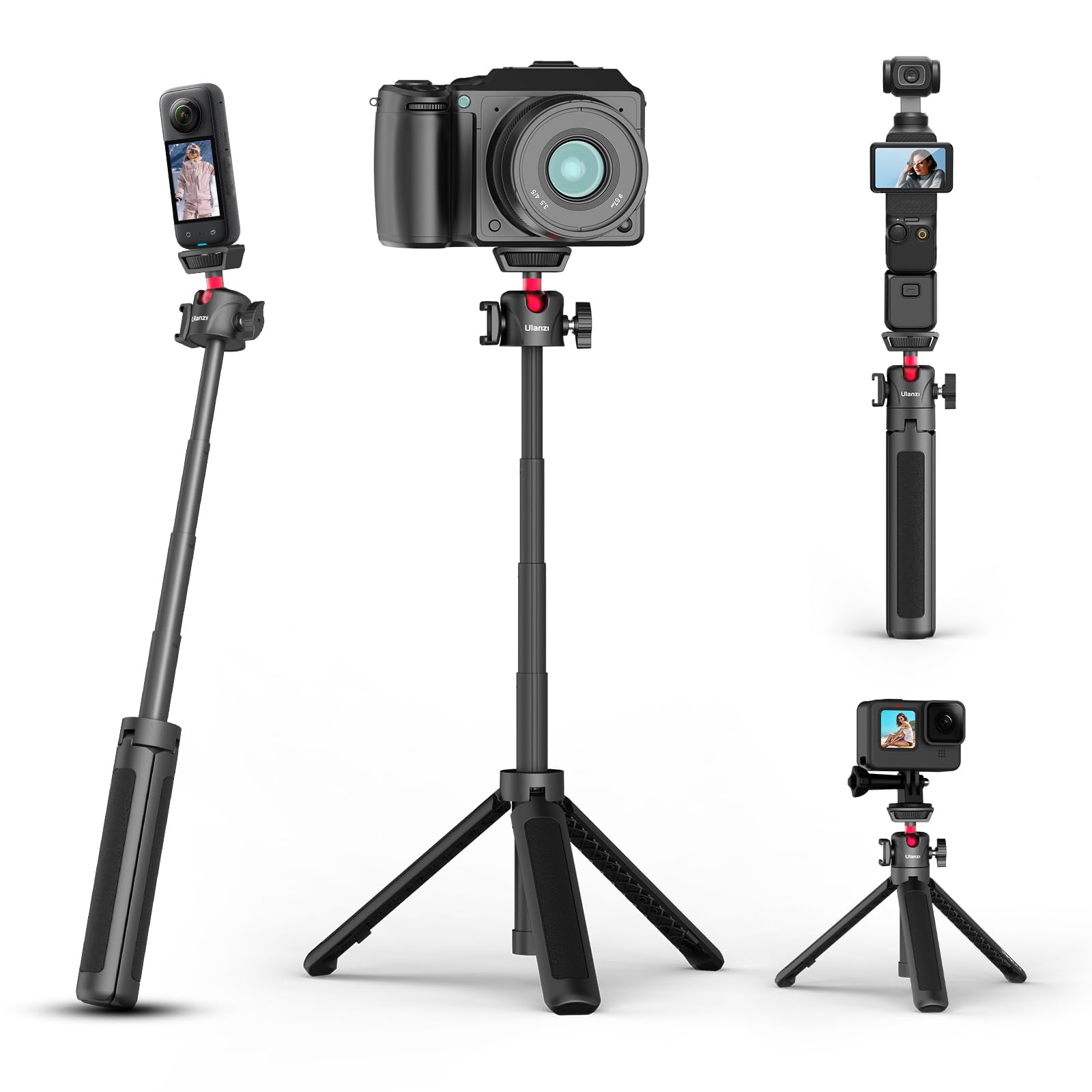 ULANZI MT-16 Extendable Mini Camera Tripod, 4 Levels Adjustment 360° Ball Head Cold Shoe Lightweight Portable Vlog Travel Selfie Stick Handle Grip Desktop Webcam Tripod for DSLR Action Camera