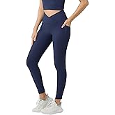 AARYA Women's Ribbed Leggings with Pockets, Cross Front High Waist Compression Workout Yoga Pants Gym Clothes, 25 inch