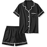 LANKMEI Kids Silky Satin Pajamas Short Sleeve Button Top and Shorts 2-Pc Set, 4-14 Years