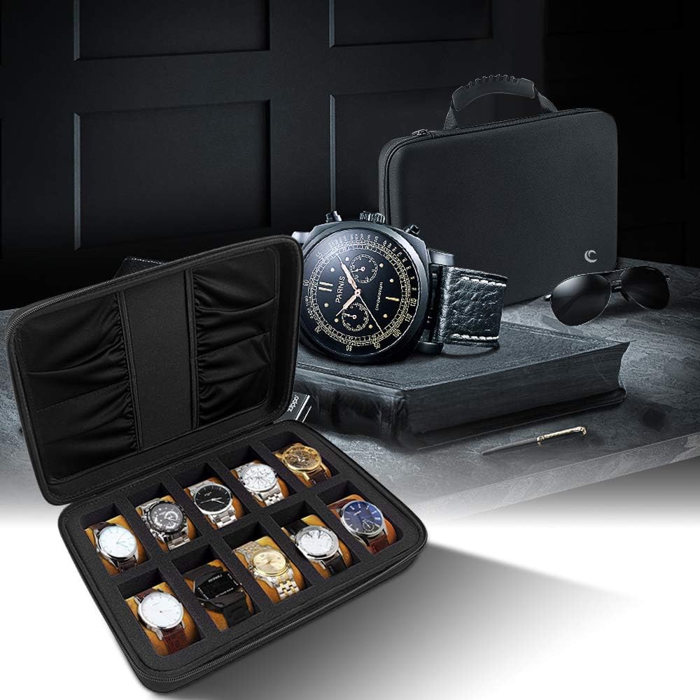 10 Slots Watch Box Organizer/Men Watch Display Storage Case Fits All Wristwatches and Smart Watches up to 42mm with Extra 4 Pocket for Watch Band and Other Accessories (Black)
