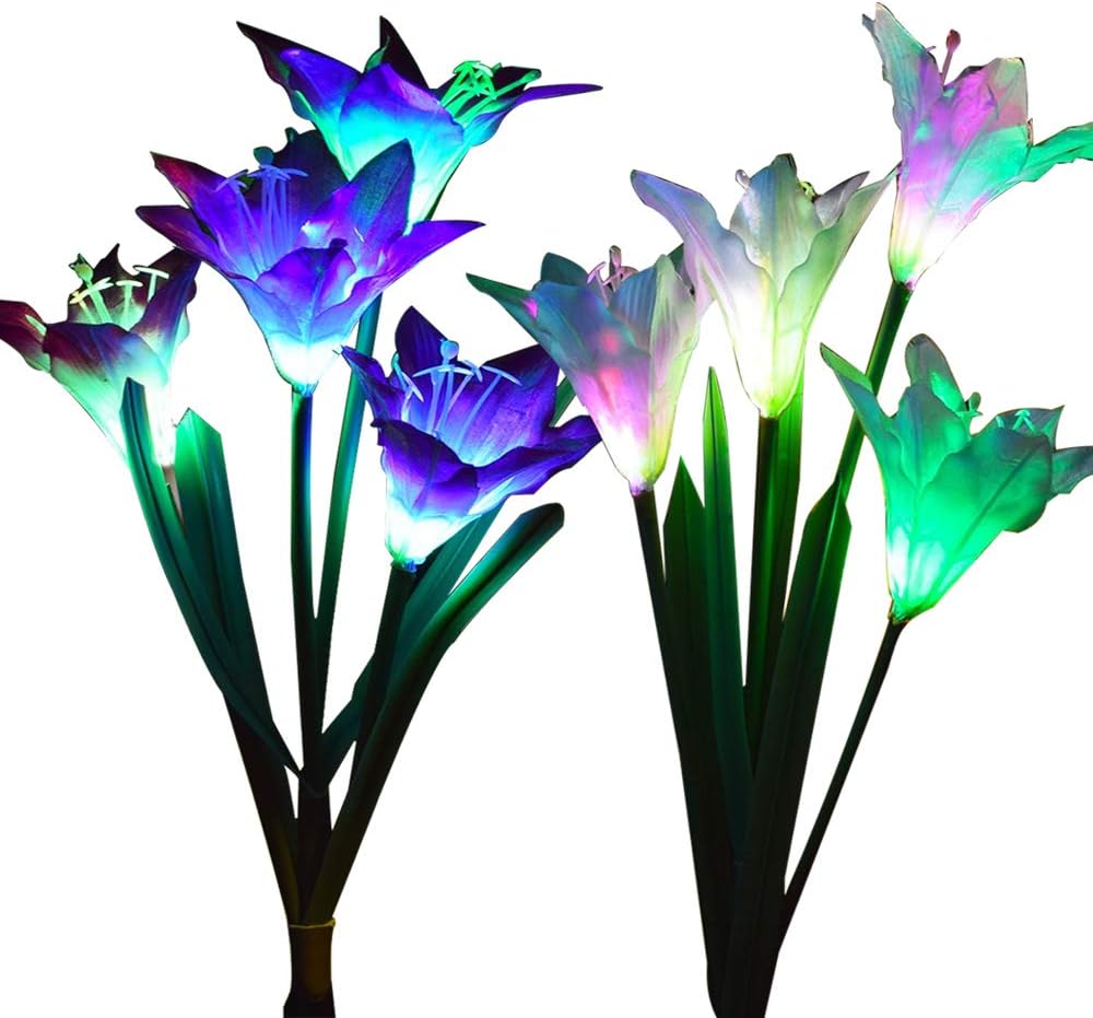 Outdoor Solar Garden Stake Lights - Wohome 2 Pack Solar Flower Lights with 8 Lily Flower, Multi-Color Changing LED Lily Solar Powered Lights for Patio, Yard Decoration - - 