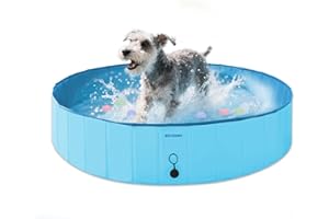 BECROWM Foldable Dog Pool,Outdoor Pools with 6 Silicone Balls,Portable Dog Pools for Large Dogs,Hard Plastic Pool for Dogs Swimming in Summer (Blue, Small-32" x 8")