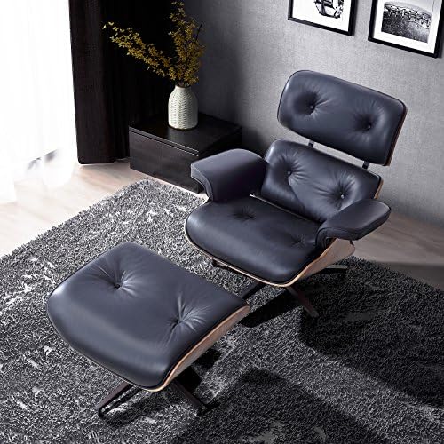 RECLINER GENIUS 100% Grain Italian Leather Recliner Lounge Chair with Ottoman (Black)
