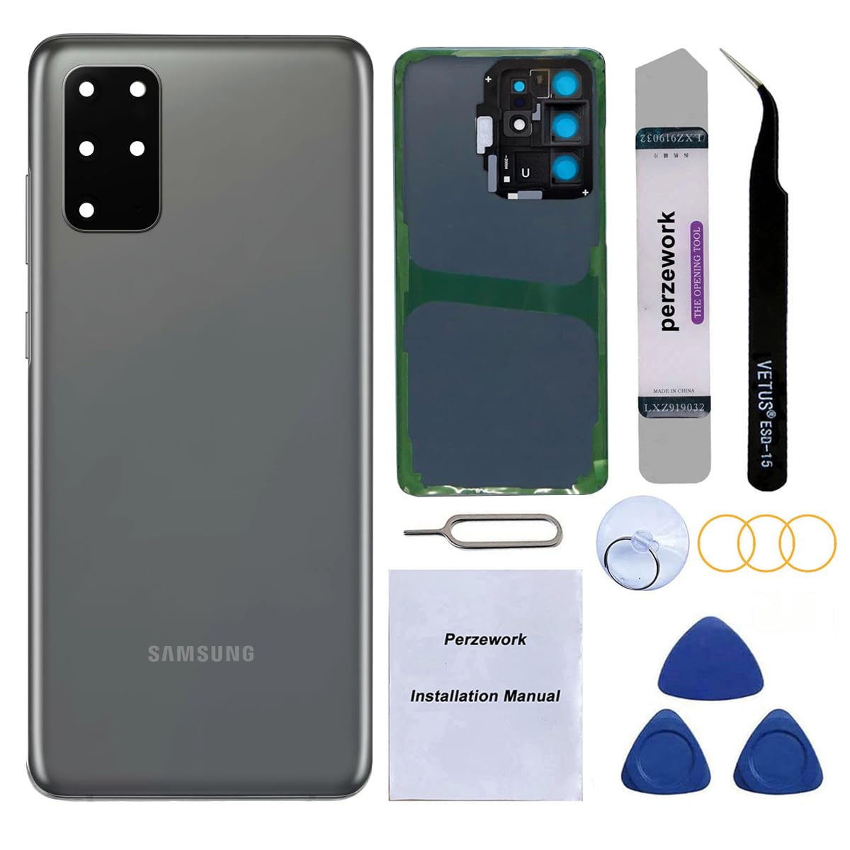 Photo 1 of Perzework OEM Rear Back Glass Replacement for Samsung Galaxy S20+ Plus 6.7 inches with Repairing Toolkit and Pre-Installed Adhesive (Cosmic Gray)