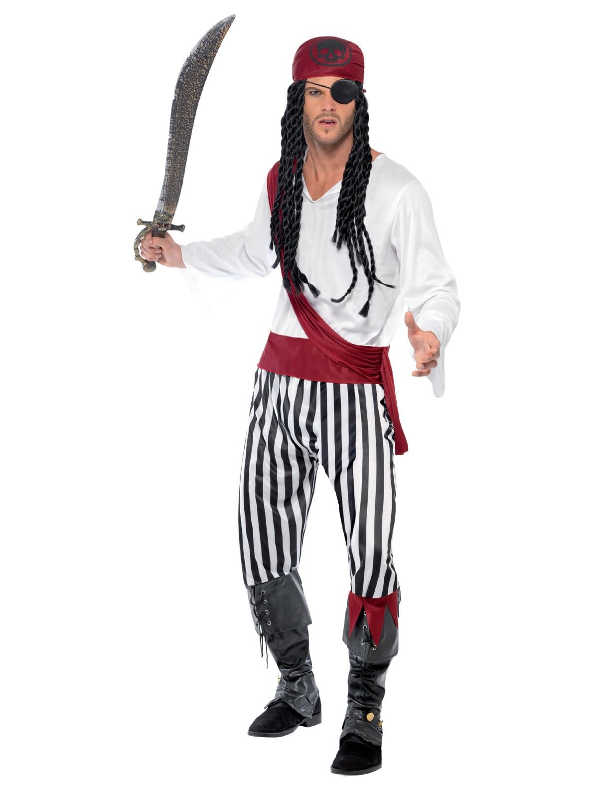 Smiffys Pirate Man Costume, Black & White Shirt, Trousers, Headpiece & Belt, Fancy Dress, Adult Dress Up Costumes