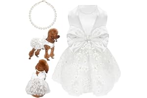 Topkins Dog Dresses, Puppy Cute Dress with Pearl Necklace, Breathable Pet Clothes, Dog Slik Outfit with Bow Tie, Summer Pet Clothes, Girl Dogs Wedding Outfit, White M